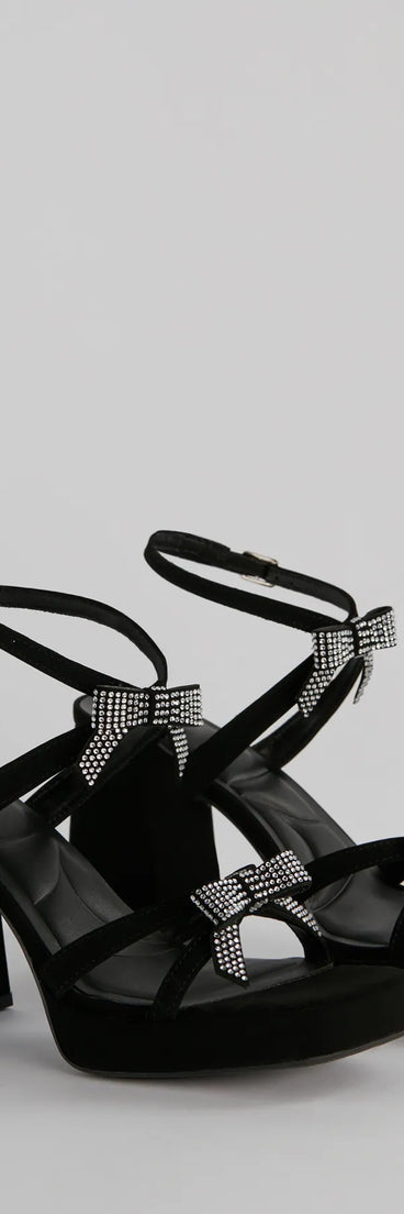 Soiree Glam Rhinestone Bow Platform Block Heels are homecoming shoes with the perfect balance of style and comfort, ideal for dancing and long evening wear. Available in Black.