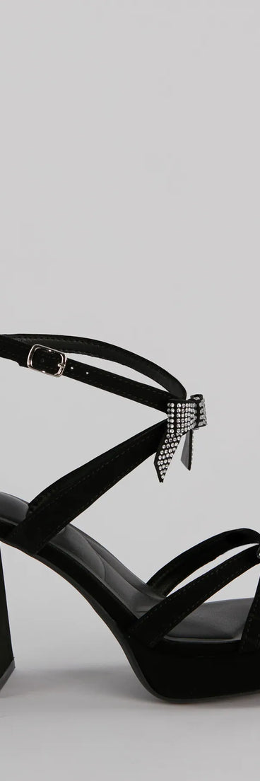 Soiree Glam Rhinestone Bow Platform Block Heels are the perfect homecoming shoes, featuring a stylish and comfortable design that's ideal for dancing all night. Available in Black.