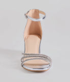 Glam Up Rhinestone Strappy Low Block Heels, a trendy silver addition to women's going-out outfits, is ideal for Christmas party outfits, chic NYE attire, or winter night-out looks that keep you on-trend!
