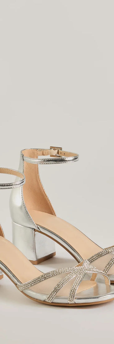 Get ready for any event with the Mesmerizing Luxe Strappy Rhinestone Low-Block Heels in silver, an essential start to creating a versatile outfit for women for parties, cocktail hours, or Valentine's Day events.