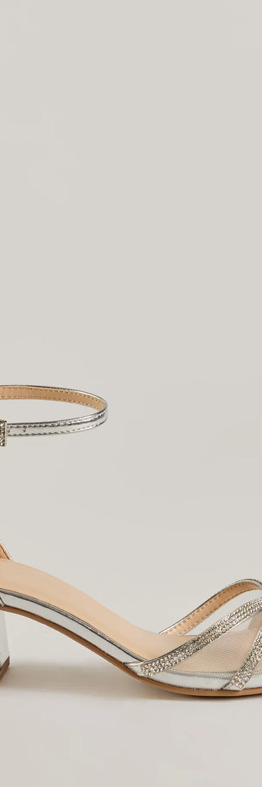 Get ready for any event with the Mesmerizing Luxe Strappy Rhinestone Low-Block Heels in silver, an essential start to creating a versatile outfit for women for parties, cocktail hours, or Valentine's Day events.