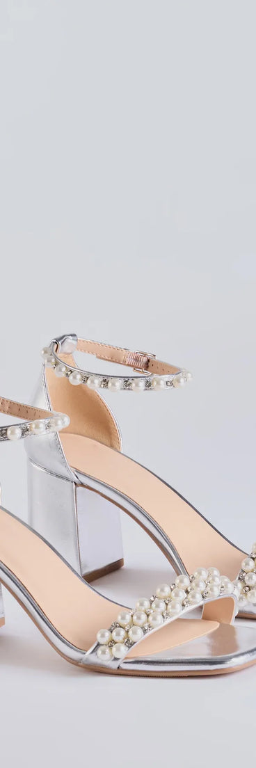 The Gleaming Radiance Faux Pearl Metallic Block Heels helps create a chic silver women's cocktail outfit with a trendy texture and stylish design, ideal for wedding guest cocktail outfits or dinner parties.