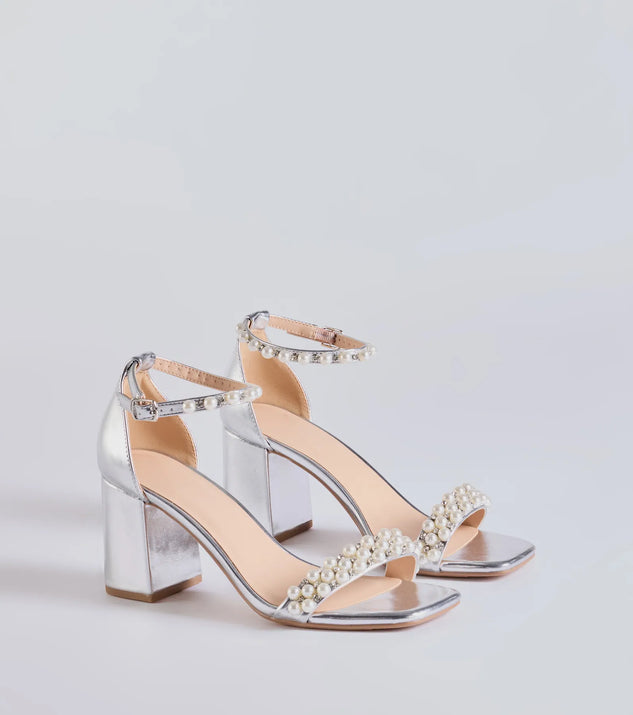 The Gleaming Radiance Faux Pearl Metallic Block Heels helps create a chic silver women's cocktail outfit with a trendy texture and stylish design, ideal for wedding guest cocktail outfits or dinner parties.