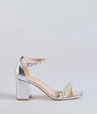 The Gleaming Radiance Faux Pearl Metallic Block Heels helps create a chic silver women's cocktail outfit with a trendy texture and stylish design, ideal for wedding guest cocktail outfits or dinner parties.
