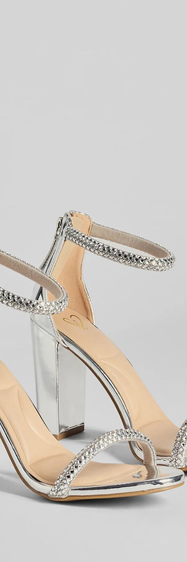 Step into style with the Glam Moves Rhinestone Strap Block Heels, silver heels made to complete your Windsor look with comfort and glam in mind.