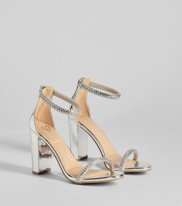 Step into style with the Glam Moves Rhinestone Strap Block Heels, silver heels made to complete your Windsor look with comfort and glam in mind.