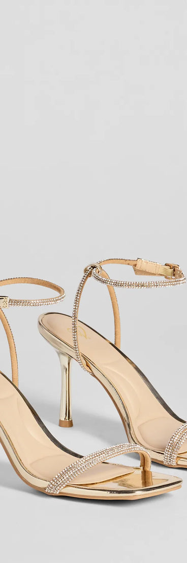Elevate warm-weather looks with Shimmering Sparkle Rhinestone Chrome Stiletto Heels in gold, a pair of trendy sandals bringing chic, modern flair to every step.