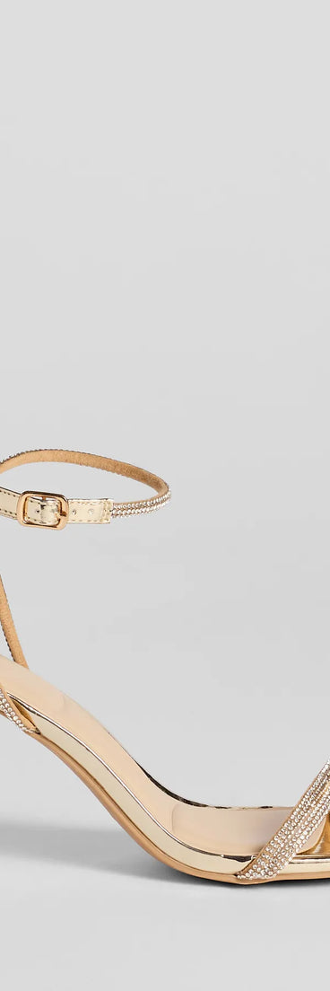 Elevate warm-weather looks with Shimmering Sparkle Rhinestone Chrome Stiletto Heels in gold, a pair of trendy sandals bringing chic, modern flair to every step.
