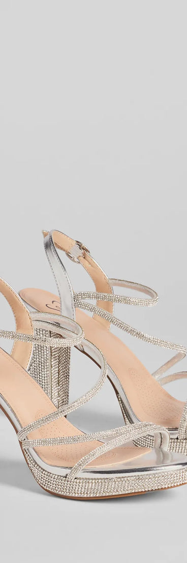 Step into style with the Glam Stride Rhinestone Metallic Platform Block Heels, silver heels made to complete your Windsor look with comfort and glam in mind.