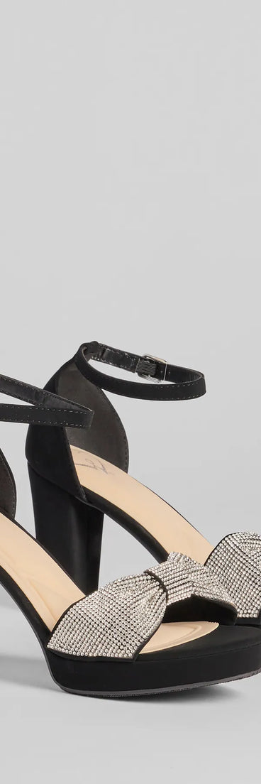 Step into style with the Gift Of Glam Rhinestone Bow Strap Platform Heels, black heels made to complete your Windsor look with comfort and glam in mind.