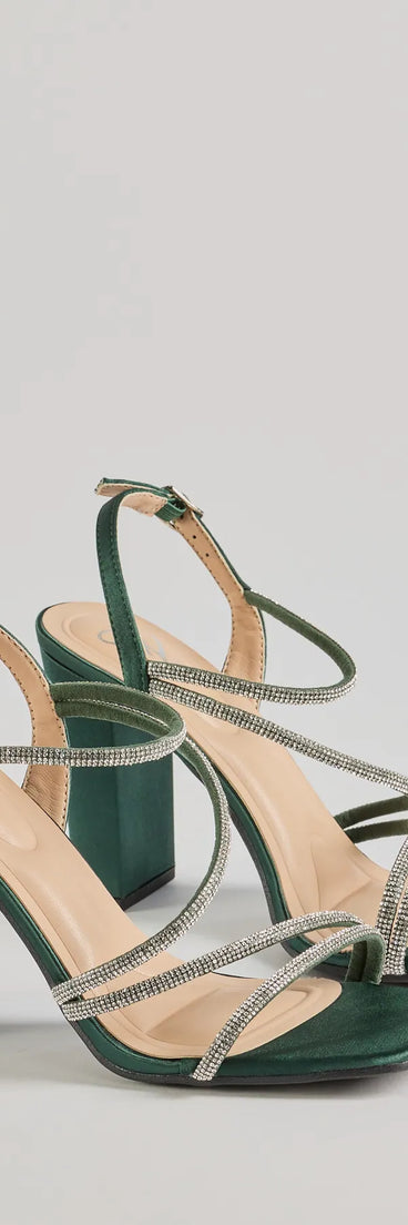Step into style with the Glam Status Rhinestone Glitter Mesh Block Heels, hunter green heels made to complete your Windsor look with comfort and glam in mind.