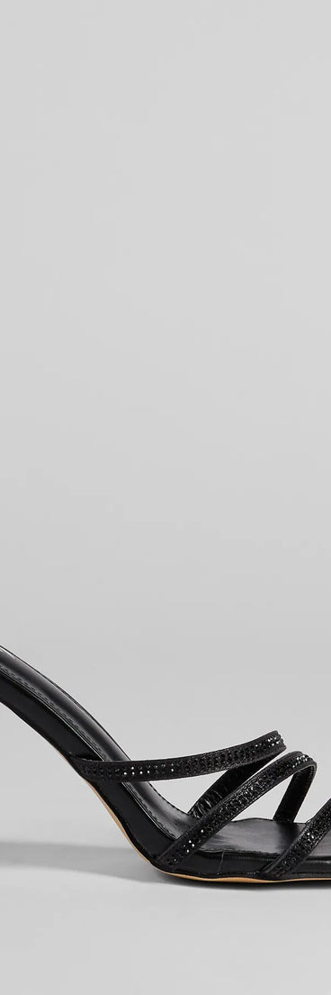 Elevate warm-weather looks with Staying Out Tonight Rhinestone Strappy Stiletto Heels in black, a pair of trendy sandals bringing chic, modern flair to every step.