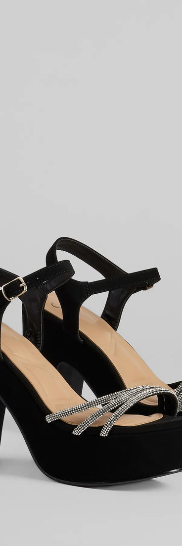Step into style with the Dazzling Spotlight Rhinestone Platform Heels, black heels made to complete your Windsor look with comfort and glam in mind.