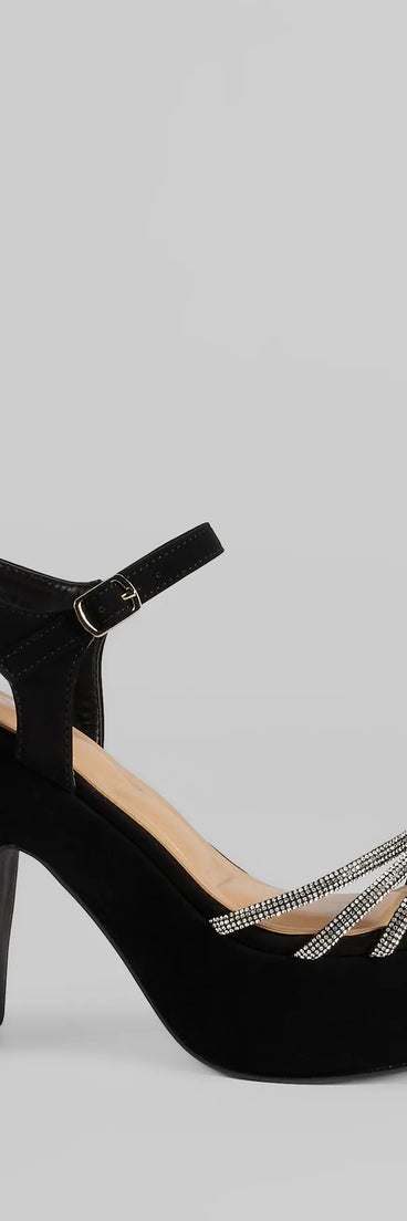 Elevate warm-weather looks with Dazzling Spotlight Rhinestone Platform Heels in black, a pair of trendy sandals bringing chic, modern flair to every step.