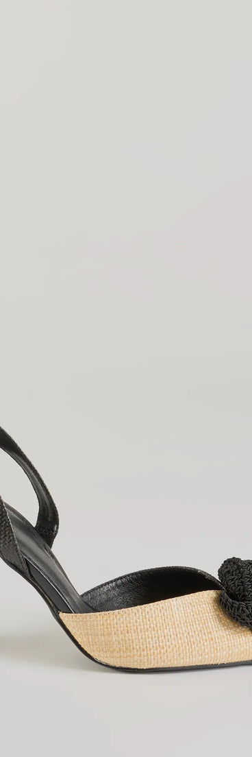 Elevate your work wardrobe with the Trendy Fab Raffia Flower Stiletto Pumps in black, a versatile women's shoe perfect for the office; that combines style with comfort for seamless desk-to-dinner transitions.