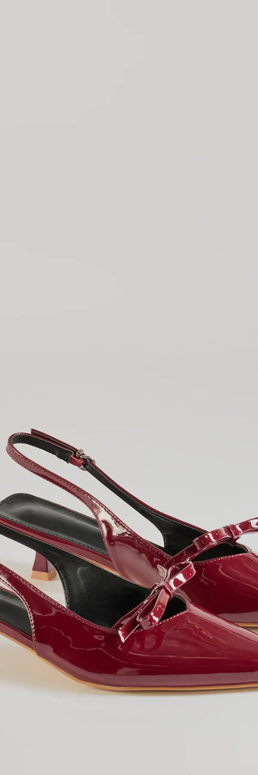 Get ready for any event with the Adorably Sleek Bow Strap Kitten Heel Pumps in wine, an essential start to creating a versatile outfit for women for parties, cocktail hours, or Valentine's Day events.