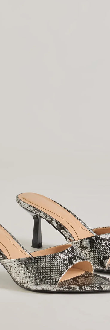 Elevate your work wardrobe with the Sassy Impression Snake Print Stiletto Mules in snake, a versatile women's shoe perfect for the office; that combines style with comfort for seamless desk-to-dinner transitions.