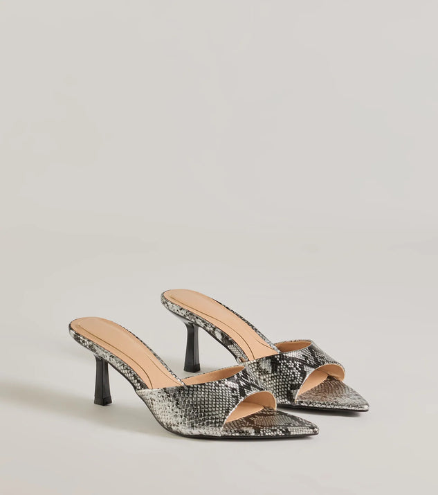 Elevate your work wardrobe with the Sassy Impression Snake Print Stiletto Mules in snake, a versatile women's shoe perfect for the office; that combines style with comfort for seamless desk-to-dinner transitions.