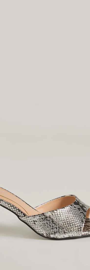 Elevate your work wardrobe with the Sassy Impression Snake Print Stiletto Mules in snake, a versatile women's shoe perfect for the office; that combines style with comfort for seamless desk-to-dinner transitions.