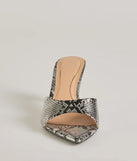 Elevate your work wardrobe with the Sassy Impression Snake Print Stiletto Mules in snake, a versatile women's shoe perfect for the office; that combines style with comfort for seamless desk-to-dinner transitions.