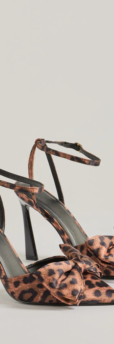 Sassy Strut Leopard Print Bow Stiletto Heels, a trendy leopard print addition to women's going-out outfits, is ideal for Christmas party outfits, chic NYE attire, or winter night-out looks that keep you on-trend!
