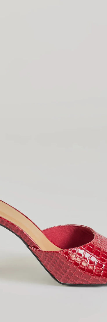 Elevate your work wardrobe with the Wildly Sophisticated Faux Croc-Embossed Stiletto Mules in red, a versatile women's shoe perfect for the office; that combines style with comfort for seamless desk-to-dinner transitions.