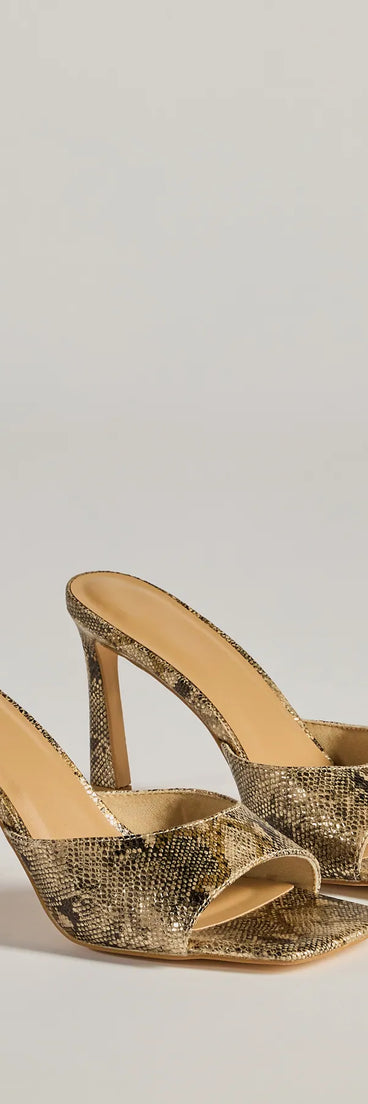 Elevate your work wardrobe with the Striking Chic Snake Print Stiletto Mules in snake, a versatile women's shoe perfect for the office; that combines style with comfort for seamless desk-to-dinner transitions.