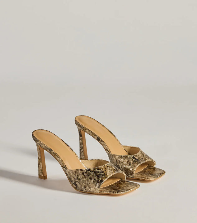 Elevate your work wardrobe with the Striking Chic Snake Print Stiletto Mules in snake, a versatile women's shoe perfect for the office; that combines style with comfort for seamless desk-to-dinner transitions.