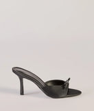 Elevate your work wardrobe with the Chic Elegance Faux Leather Stiletto Bow Mules in black, a versatile women's shoe perfect for the office; that combines style with comfort for seamless desk-to-dinner transitions.