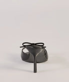 Elevate your work wardrobe with the Chic Elegance Faux Leather Stiletto Bow Mules in black, a versatile women's shoe perfect for the office; that combines style with comfort for seamless desk-to-dinner transitions.