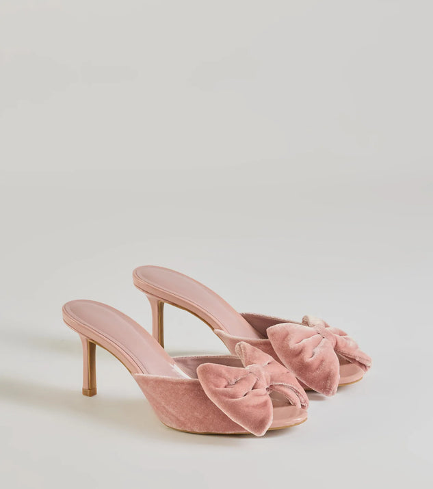 Get ready for any event with the Sweet Romance Velvet Bow Stiletto Mules in pink, an essential start to creating a versatile outfit for women for parties, cocktail hours, or Valentine's Day events.