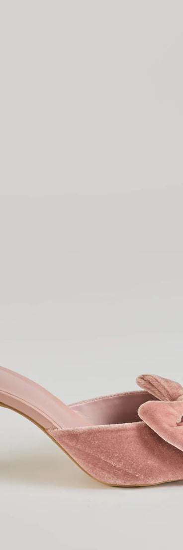 Get ready for any event with the Sweet Romance Velvet Bow Stiletto Mules in pink, an essential start to creating a versatile outfit for women for parties, cocktail hours, or Valentine's Day events.