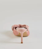 Get ready for any event with the Sweet Romance Velvet Bow Stiletto Mules in pink, an essential start to creating a versatile outfit for women for parties, cocktail hours, or Valentine's Day events.