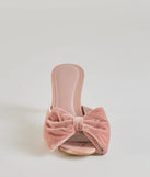 Get ready for any event with the Sweet Romance Velvet Bow Stiletto Mules in pink, an essential start to creating a versatile outfit for women for parties, cocktail hours, or Valentine's Day events.