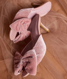 The Sweet Romance Velvet Bow Stiletto Mules in pink is an elevated pick for your best outfit yet, effortlessly delivering a polished look that's sure to turn heads at any celebration.