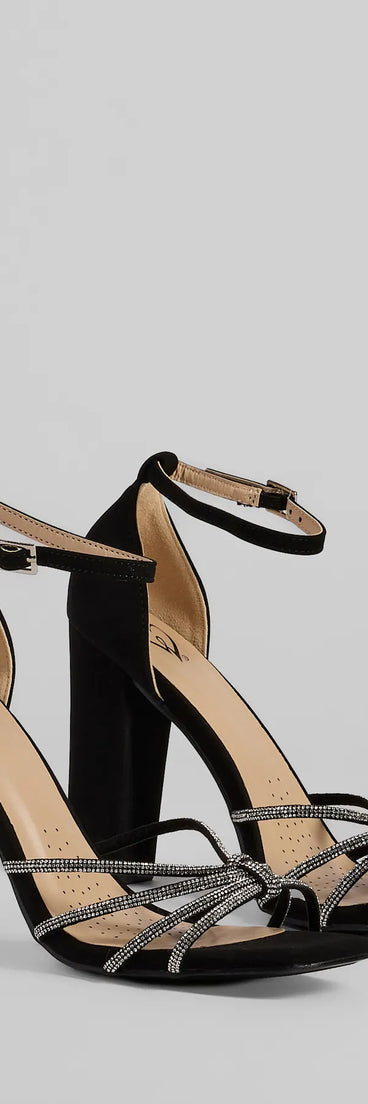 Step into style with the Sparkle Scene Rhinestone Strappy Faux Leather Block Heels, black heels made to complete your Windsor look with comfort and glam in mind.