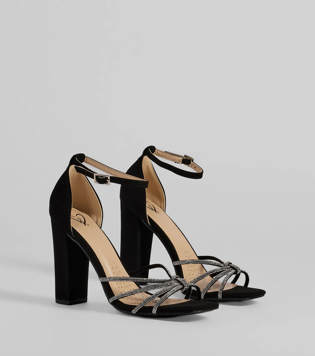 The Sparkle Scene Rhinestone Strappy Faux Leather Block Heels in black brings sleek style to any graduation outfit, from cap and gown to after-party.