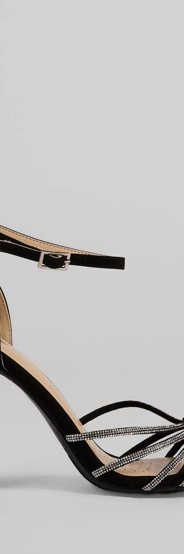 The Sparkle Scene Rhinestone Strappy Faux Leather Block Heels in black brings sleek style to any graduation outfit, from cap and gown to after-party.