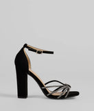 The Sparkle Scene Rhinestone Strappy Faux Leather Block Heels in black brings sleek style to any graduation outfit, from cap and gown to after-party.