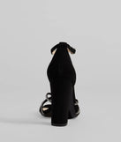 The Sparkle Scene Rhinestone Strappy Faux Leather Block Heels in black brings sleek style to any graduation outfit, from cap and gown to after-party.