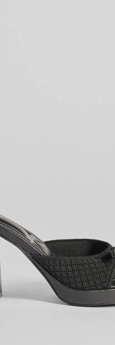 Elevate warm-weather looks with Cute Vibes Bow Platform Knit Mules in black, a pair of trendy sandals bringing chic, modern flair to every step.