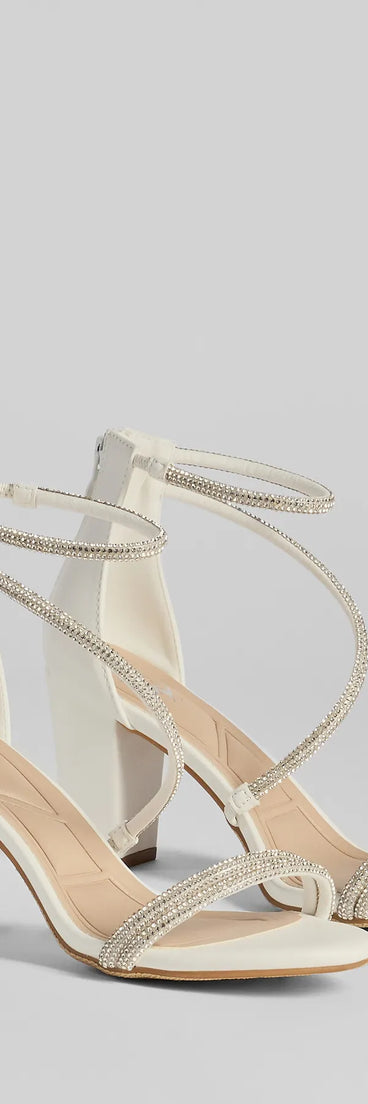 Step into style with the Love To Sparkle Rhinestone Strap Block Heels, white heels made to complete your Windsor look with comfort and glam in mind.