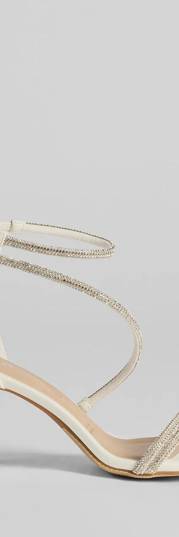 Elevate warm-weather looks with Love To Sparkle Rhinestone Strap Block Heels in white, a pair of trendy sandals bringing chic, modern flair to every step.