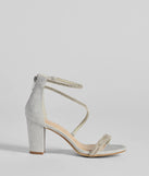 The Reigning In Rhinestone Asymmetrical Strap Glitter Heels in silver brings sleek style to any graduation outfit, from cap and gown to after-party.