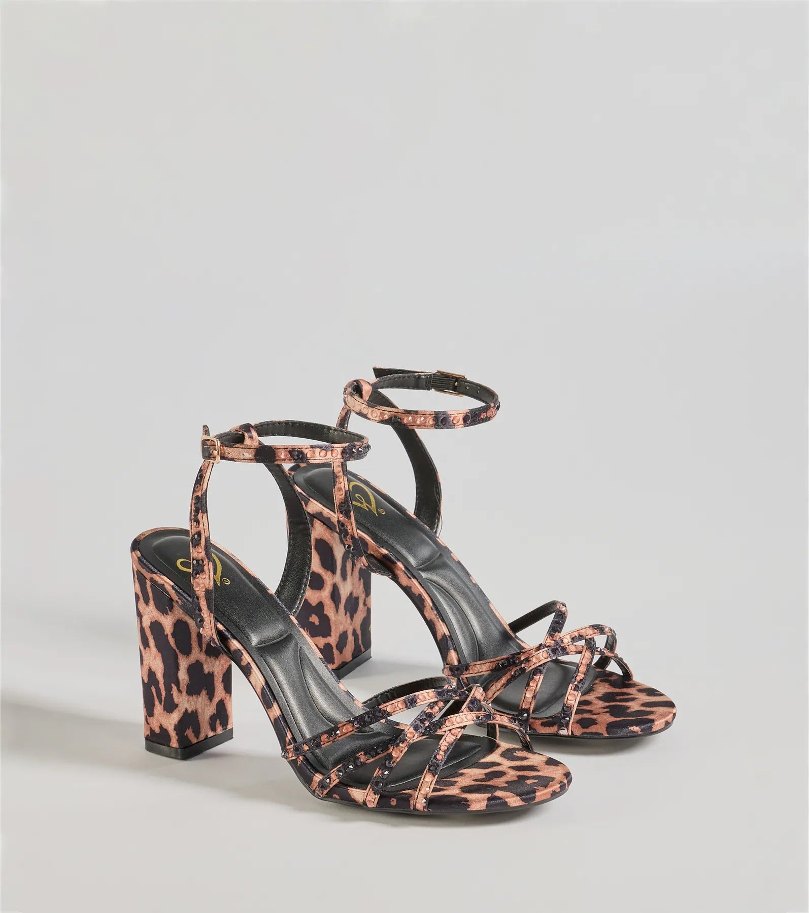 Sassy Rhinestone Strappy Leopard Print Block Heels Heels
