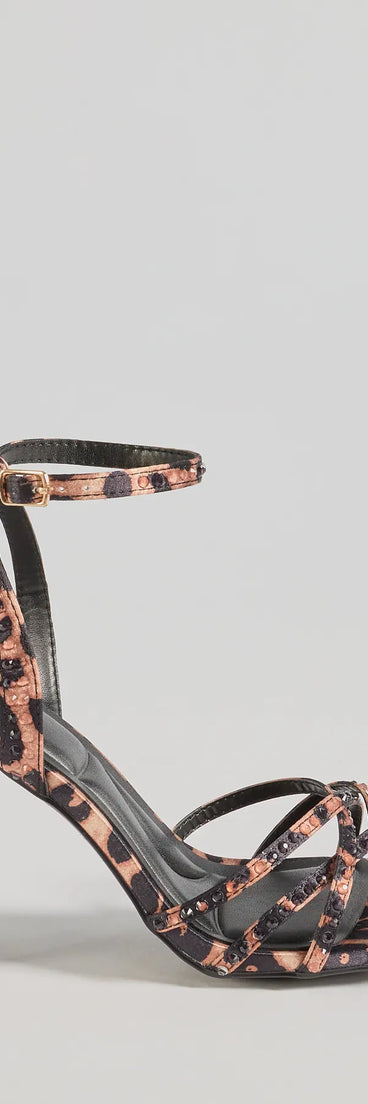 Turn heads in the Sassy Rhinestone Strappy Leopard Print Block Heels, leopard print heels showcasing a fresh trend or stylish detail made to elevate your full Windsor fit.