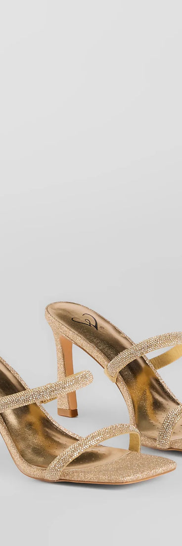 Step into style with the Classy Luxe Rhinestone Strappy Stiletto Mules, gold heels made to complete your Windsor look with comfort and glam in mind.