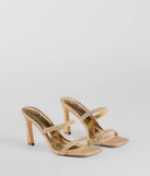 The Classy Luxe Rhinestone Strappy Stiletto Mules in gold brings sleek style to any graduation outfit, from cap and gown to after-party.