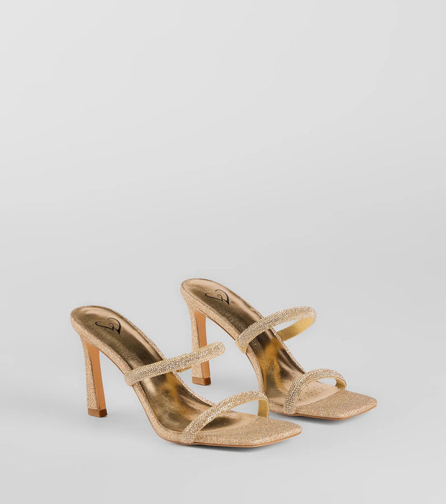 The Classy Luxe Rhinestone Strappy Stiletto Mules in gold brings sleek style to any graduation outfit, from cap and gown to after-party.