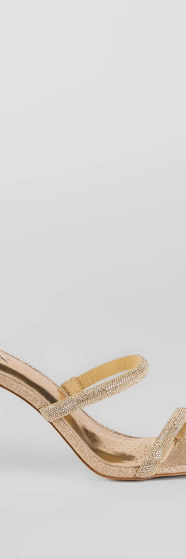 Elevate warm-weather looks with Classy Luxe Rhinestone Strappy Stiletto Mules in gold, a pair of trendy sandals bringing chic, modern flair to every step.